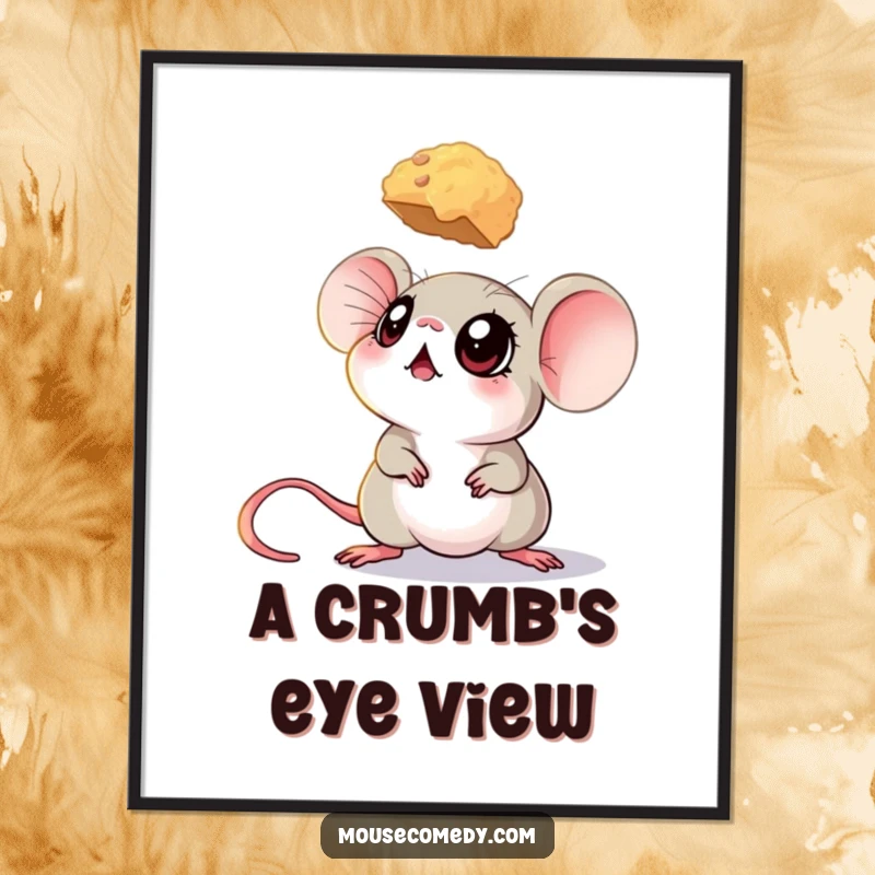 Funny mouse digital art print of a mouse with big eyes looking intently up at a hovering crumb, full of desire.