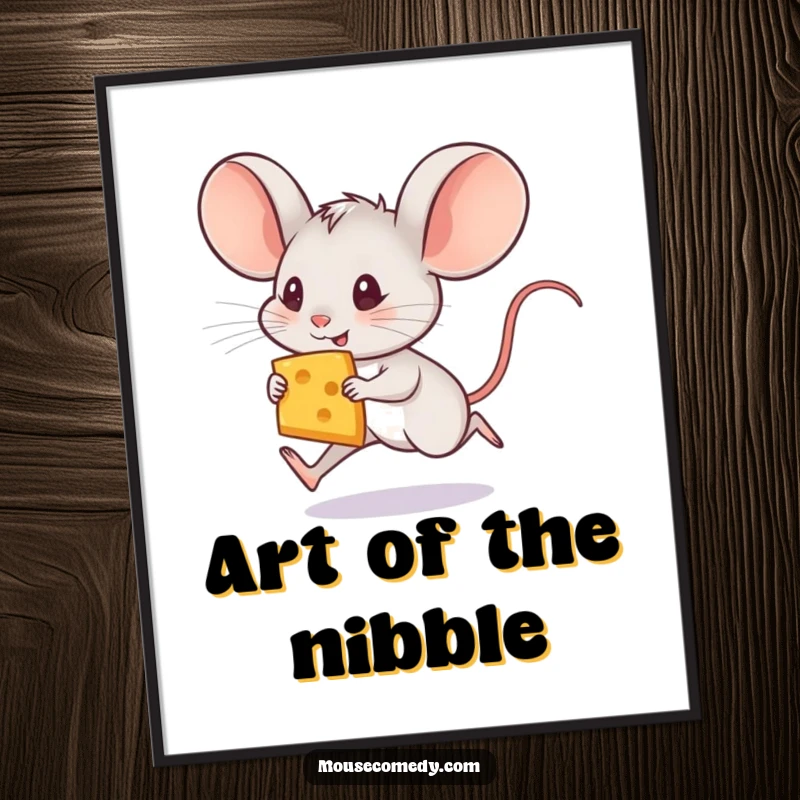 Funny mouse digital art print of a small mouse with enormous ears sprinting with a cheese slice, ready to be framed.