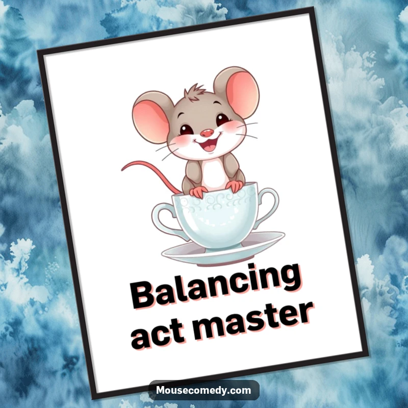 Funny mouse teacup digital art print of a happy mouse with a wide grin humorously balancing on a teacup, for immediate wall decor.