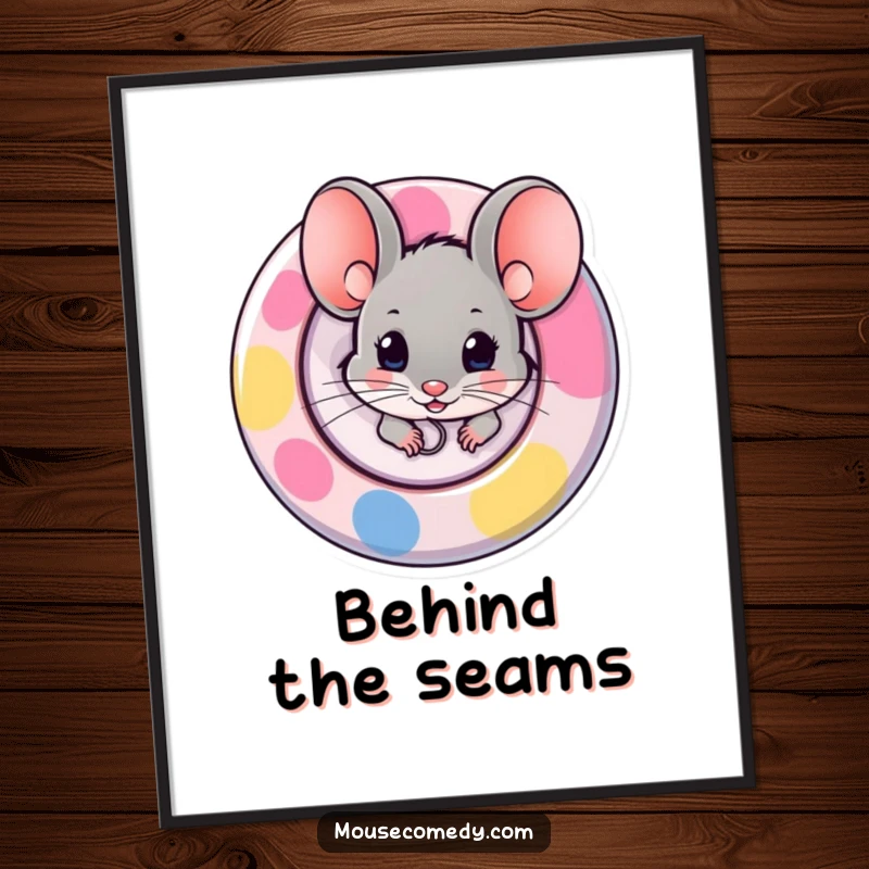 Funny digital art of a mouse cautiously peeking from behind a large, colorful button, creating a charming and playful scene.