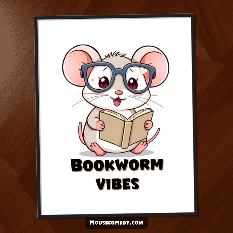Funny Kawaii Mouse Digital Art Print: High-resolution image of a mouse wearing glasses, reading a tiny book.