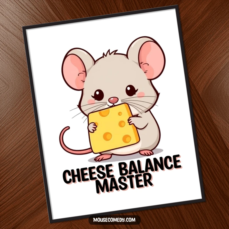 Funny kawaii mouse balancing a minuscule cheese speck on its nose, in charming art. Wonderful funny gift.