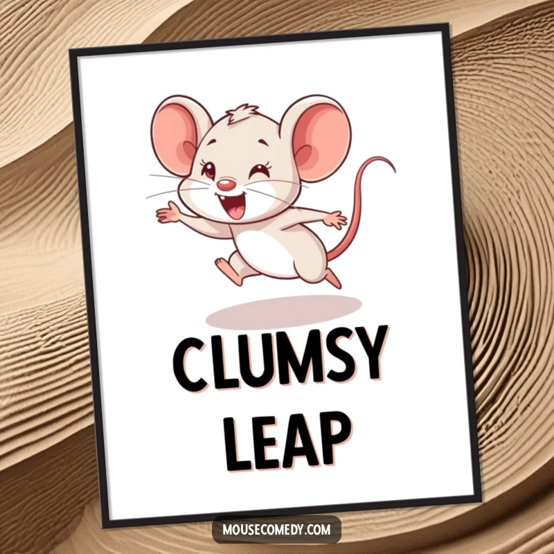 Funny Mouse Cub Digital Art Print: A vibrant print of a mouse cub captured mid-air, performing a comical and incredibly enthusiastic clumsy leap.