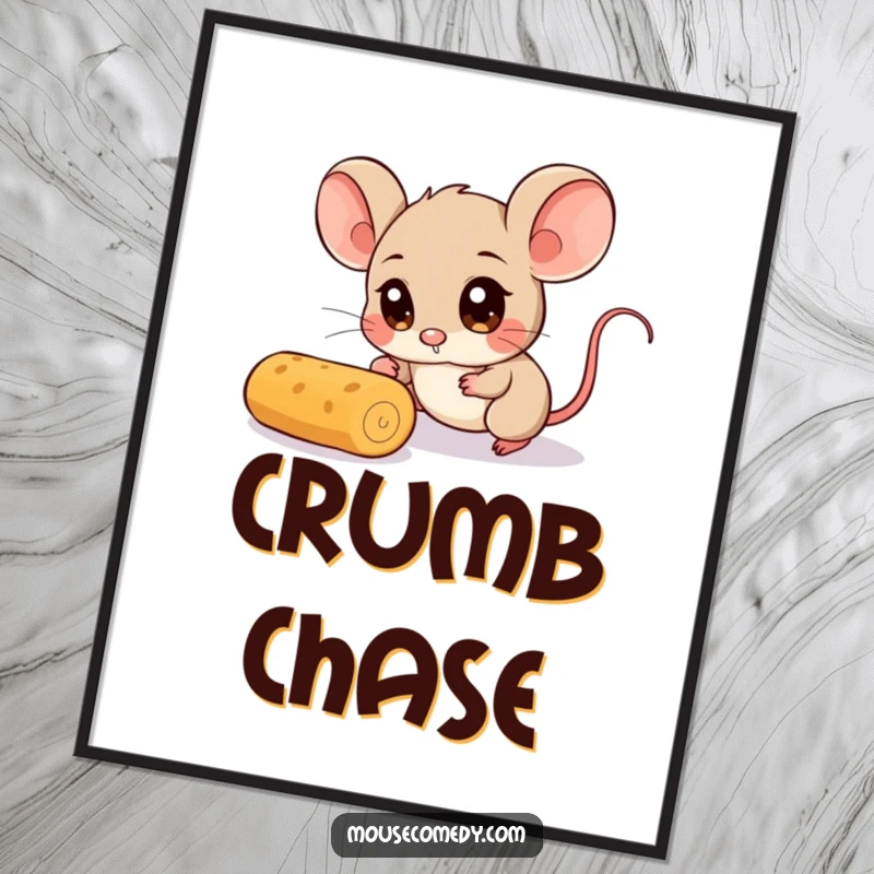 Funny Mouse Digital Art Print: A whimsical print of a mouse character with comically wide eyes, humorously in hot pursuit of a rolling crumb.