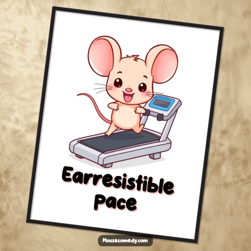 Funny kawaii mouse with enormous ears, running vigorously on a treadmill, creating energy. Wonderful funny gift for art lovers.