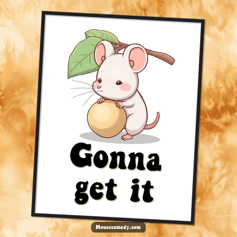 Funny digital art print of a small mouse heroically attempting to carry a seed much larger than it is.