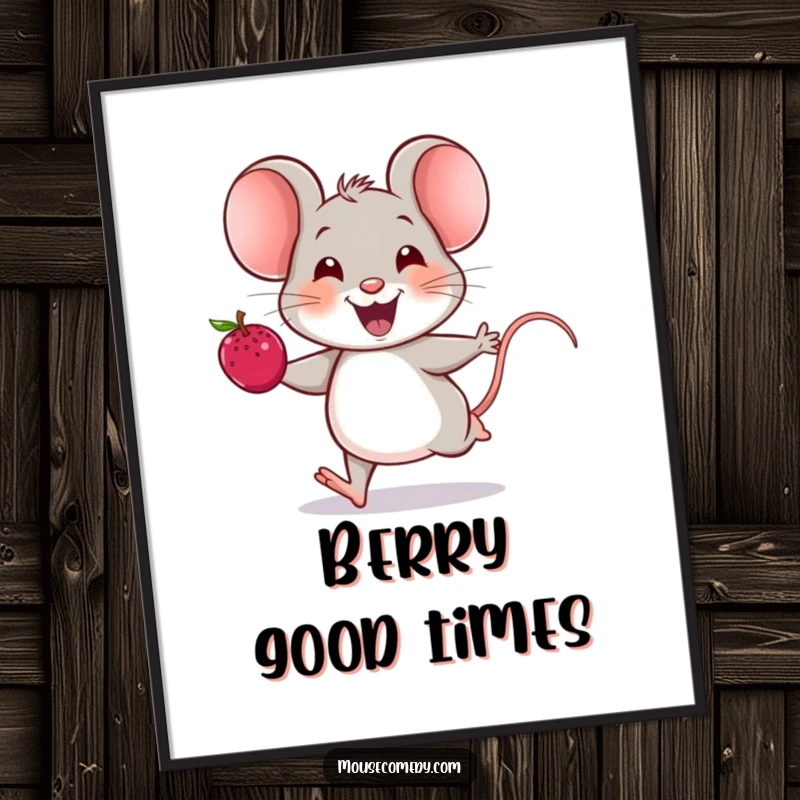 Funny mouse digital art print of a cheerful mouse running with a berry, its joyful squeak radiating happiness.