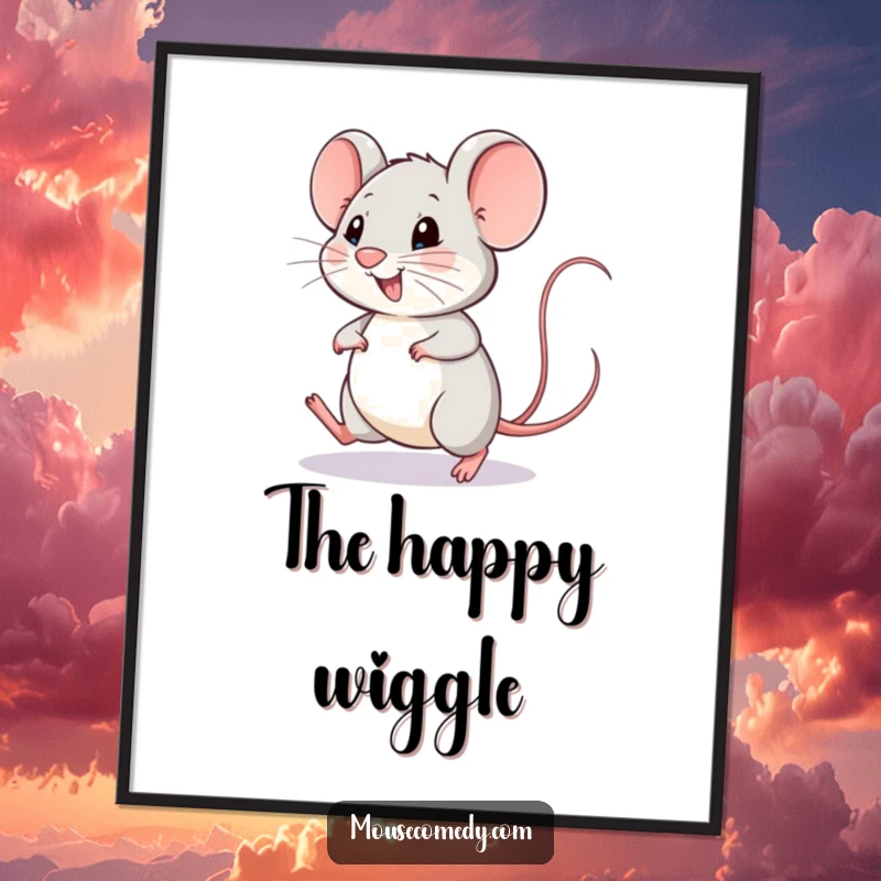 Funny mouse digital art print of a happy mouse doing a little hop, its tail wagging with infectious joy.