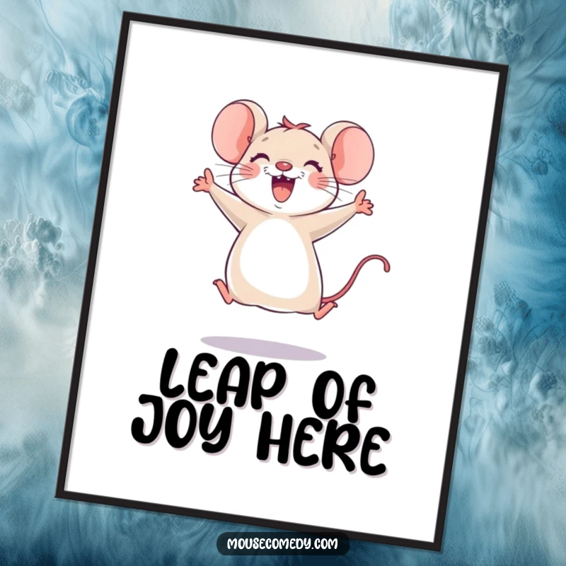 Funny mouse digital art print of a joyful mouse leaping with pure excitement, dynamic pose, radiating happiness, perfect for instant wall decor.