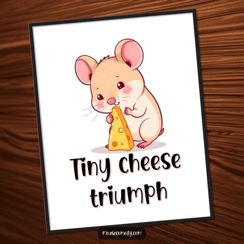Funny kawaii mouse digital art print, depicting a cute mouse balancing a minuscule piece of cheese on its nose, vibrant and humorous.