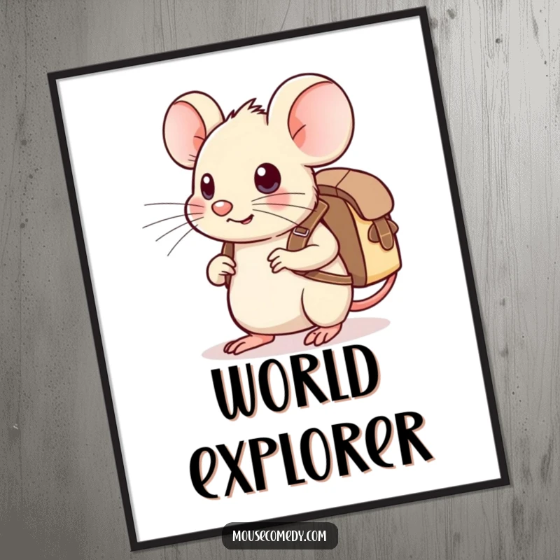 Funny Kawaii Mouse Digital Art Print: A cute mouse with a small backpack, poised and ready to embark on an exciting adventure.