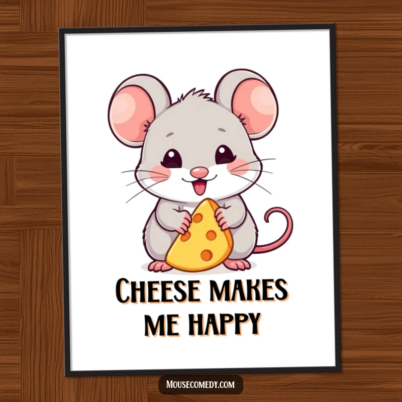 Funny digital art print of a kawaii mouse looking delighted with a tiny cheese wedge, capturing pure happiness and a love for snacks.