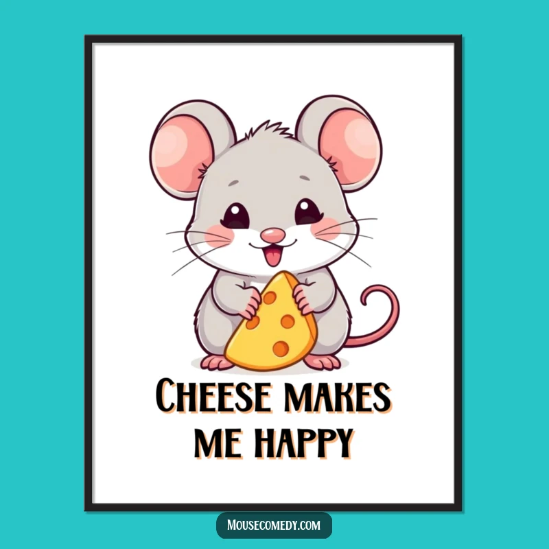 Funny Kawaii Mouse Digital Art: Cheese Bliss Print - Cute Wall Decor Gift!