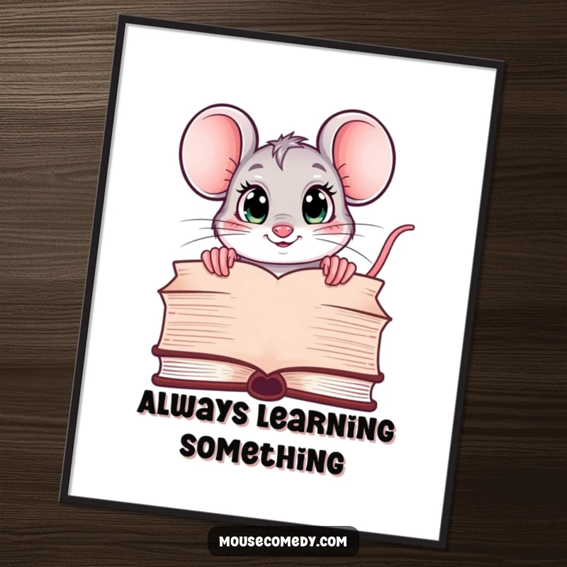 Funny digital art print of a kawaii mouse with curious eyes peeking over a large book, conveying a love for reading and exploration.