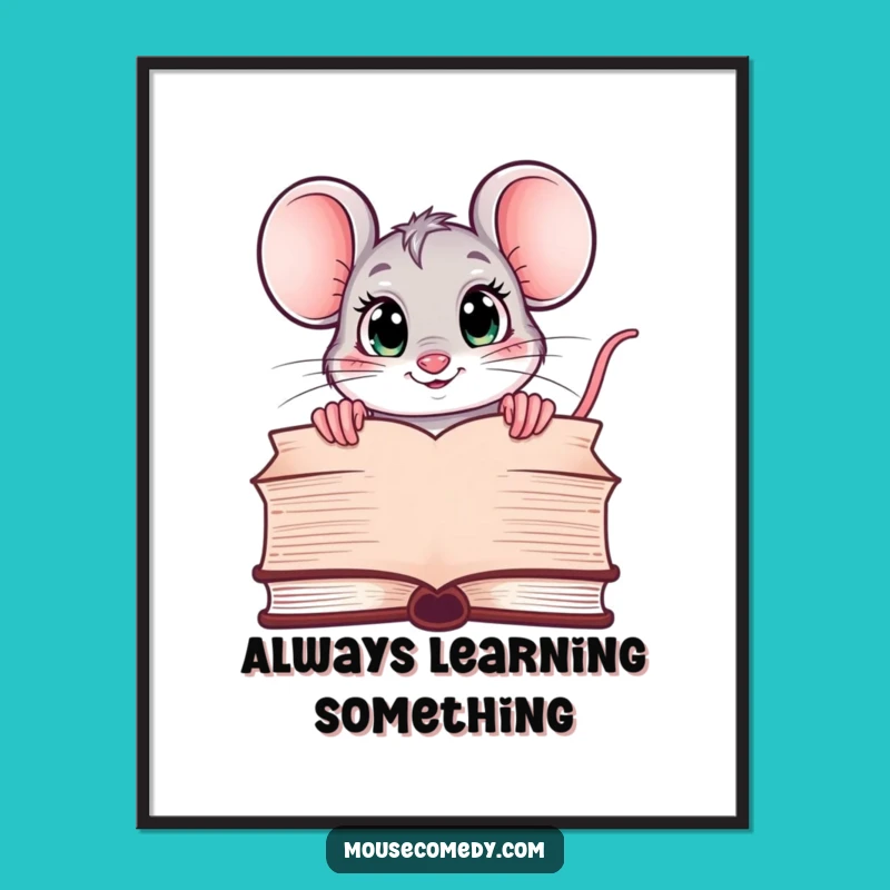 Funny Kawaii Mouse Digital Art: Curious Reader Print - Cute Wall Decor Gift!
