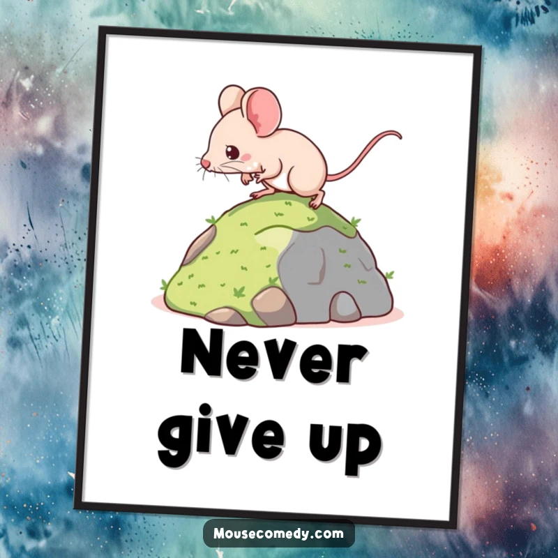Funny digital art print of a determined kawaii mouse with a strong gait, climbing a miniature hill, symbolizing perseverance and achieving goals.