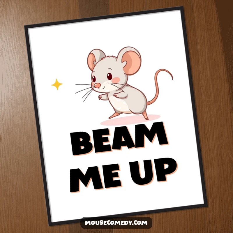 Funny Kawaii Mouse Digital Art Print: A cute mouse energetically chasing a glowing beam of light, adding fun to your decor.