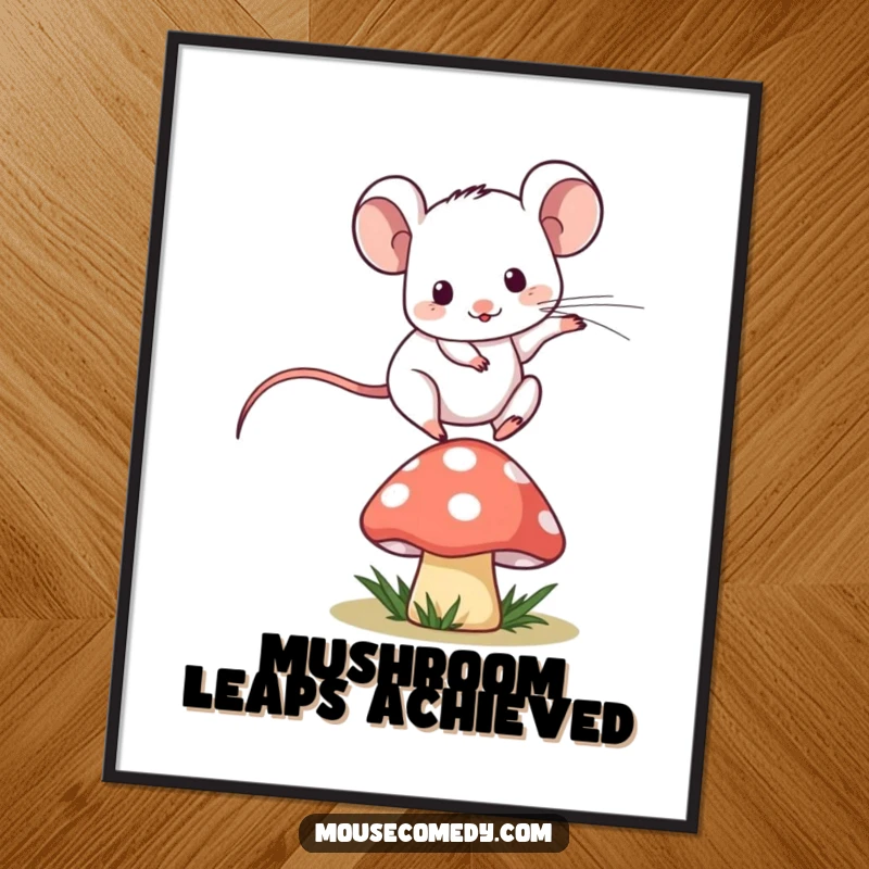 Funny kawaii mouse playfully jumping over a tiny, stylized mushroom, designed as a printable digital art file.