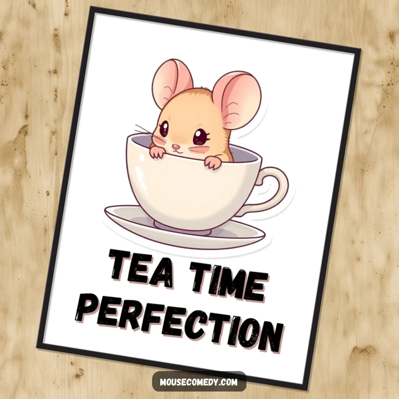 Funny kawaii mouse peeking from inside a miniature teacup, designed as a printable digital art file.