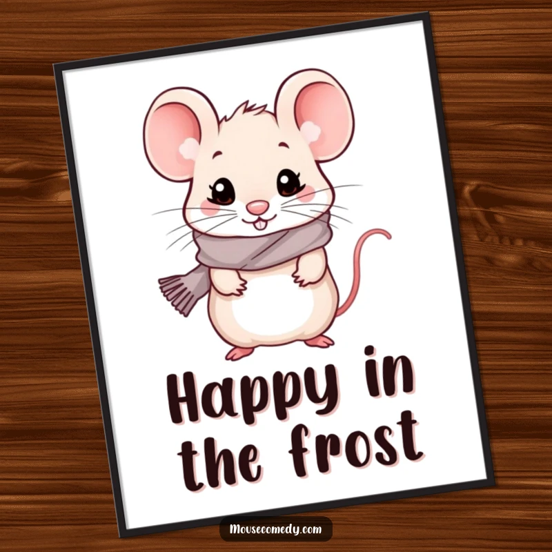 Funny kawaii mouse wearing a tiny scarf, looking cold but happy, designed as a printable digital art file.
