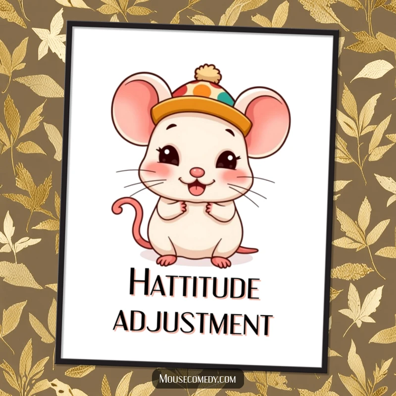Funny Kawaii Mouse Digital Art Print: A cute mouse wearing a silly hat, looking comically pleased and radiating joy.
