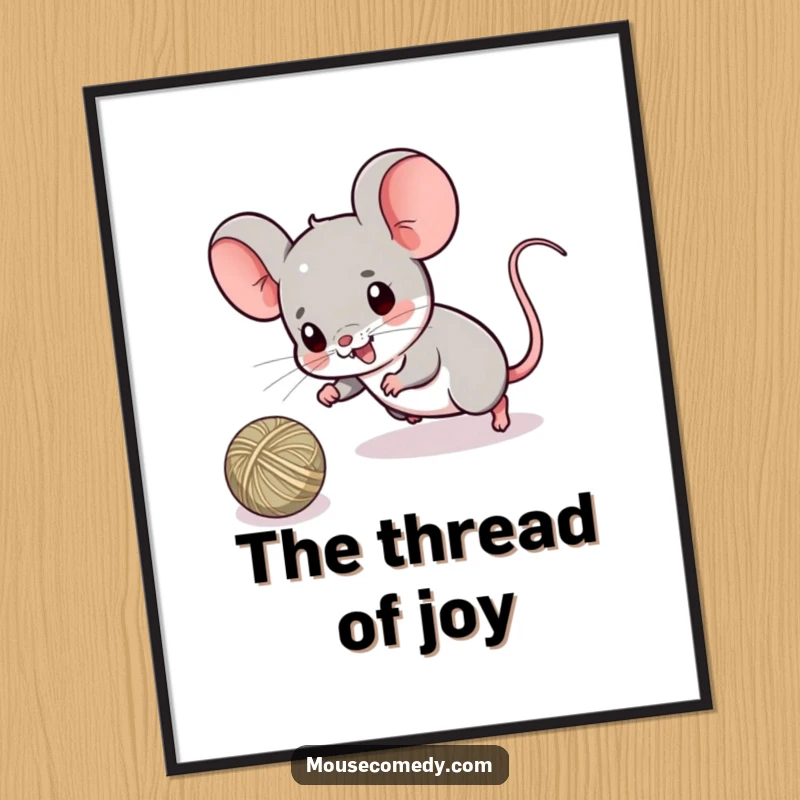 Funny digital art print of a kawaii mouse with energetic eyes, playfully chasing a rolling ball of string, full of cute, playful motion.