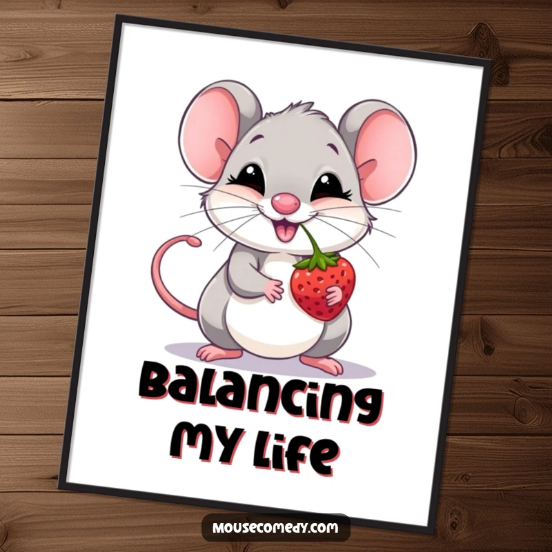 Funny giggling mouse balancing a berry on its nose, available as a high-resolution digital art print.