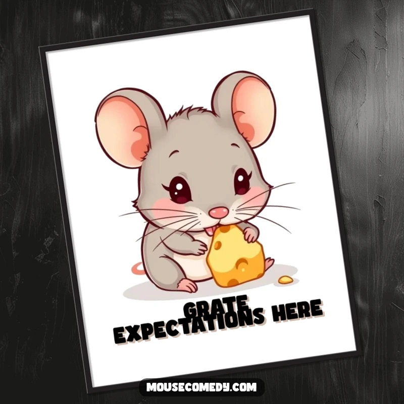 Funny digital art print of a cute mouse happily nibbling a tiny piece of cheese, radiating pure joy and cheesy satisfaction.