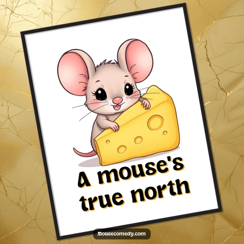Funny Mouse Digital Art: A small mouse with giant ears joyfully clutches a huge wedge of cheese, a whimsical scene.