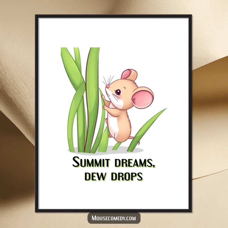 Funny digital art print of a determined little mouse hilariously attempting to scale a towering blade of grass, great for walls.