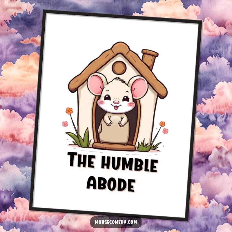 Funny digital art print of a smiling mouse peeking out from a charming miniature house, capturing a moment of sweet curiosity.