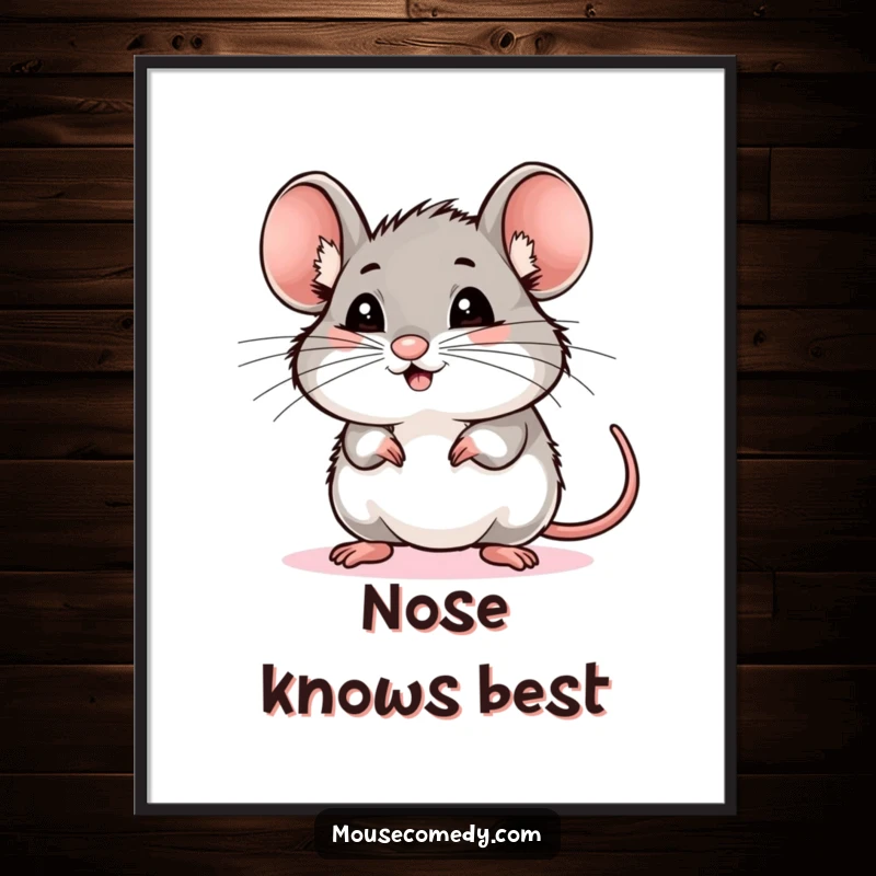 Funny mouse digital art print showing a rodent with very excited whiskers sniffing the air, a whimsical and humorous piece for decor.