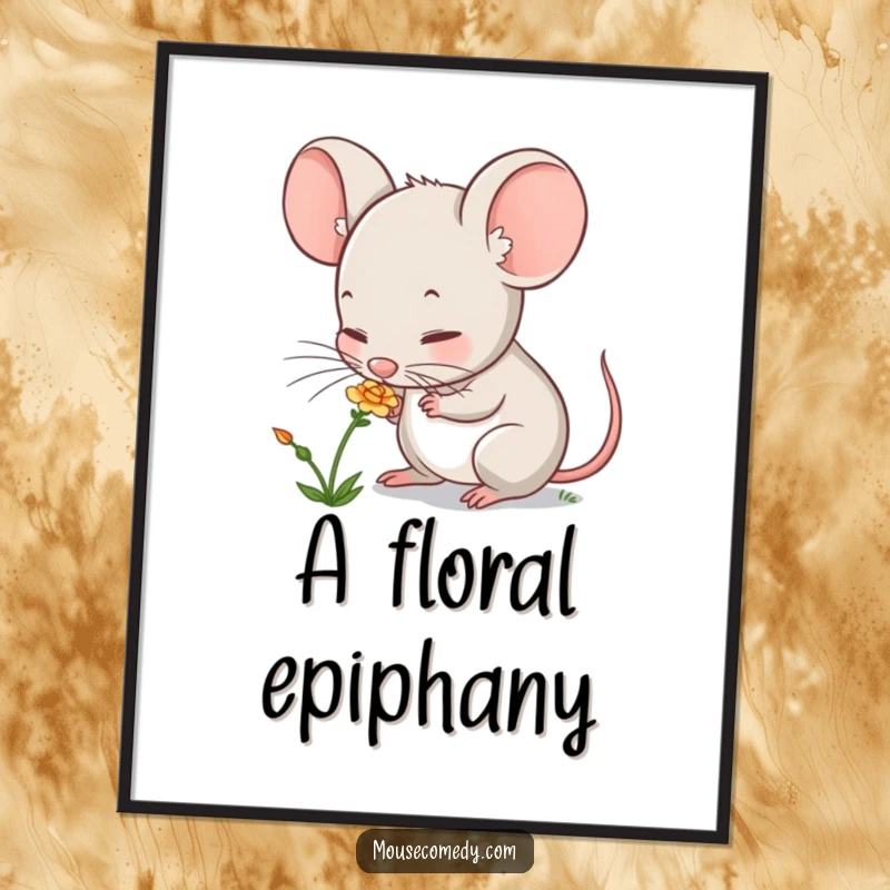 Funny mouse digital art print featuring a cute character curiously sniffing a small flower, offering instant charm and whimsy.