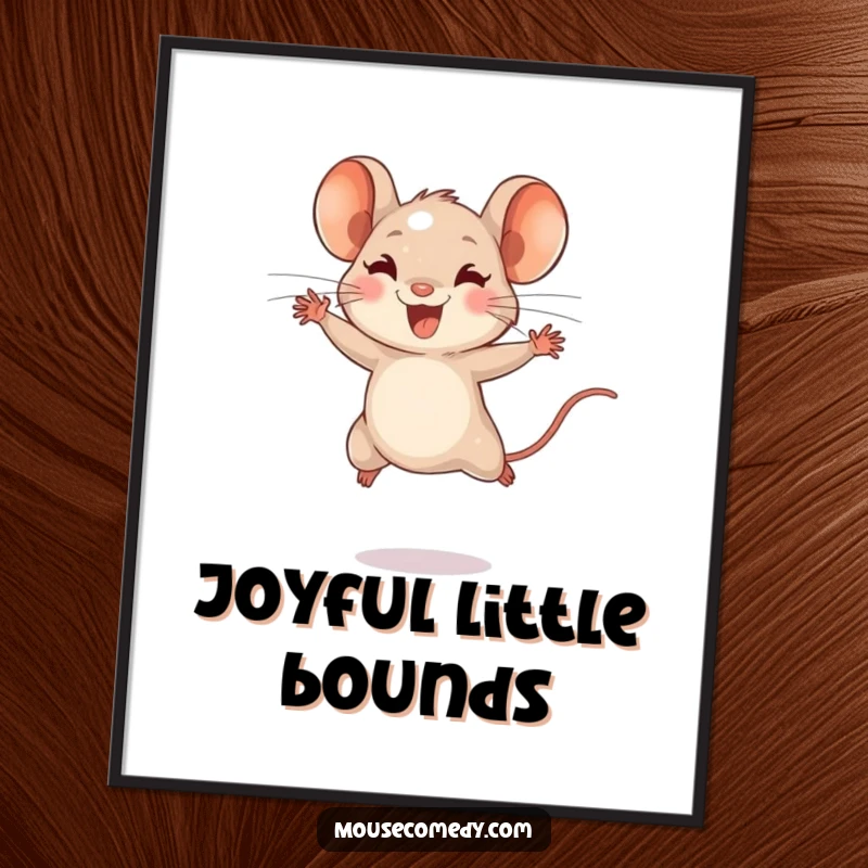 Funny digital art illustration of a tiny mouse with energetic bounds, leaping joyfully, perfect for instant wall decor.