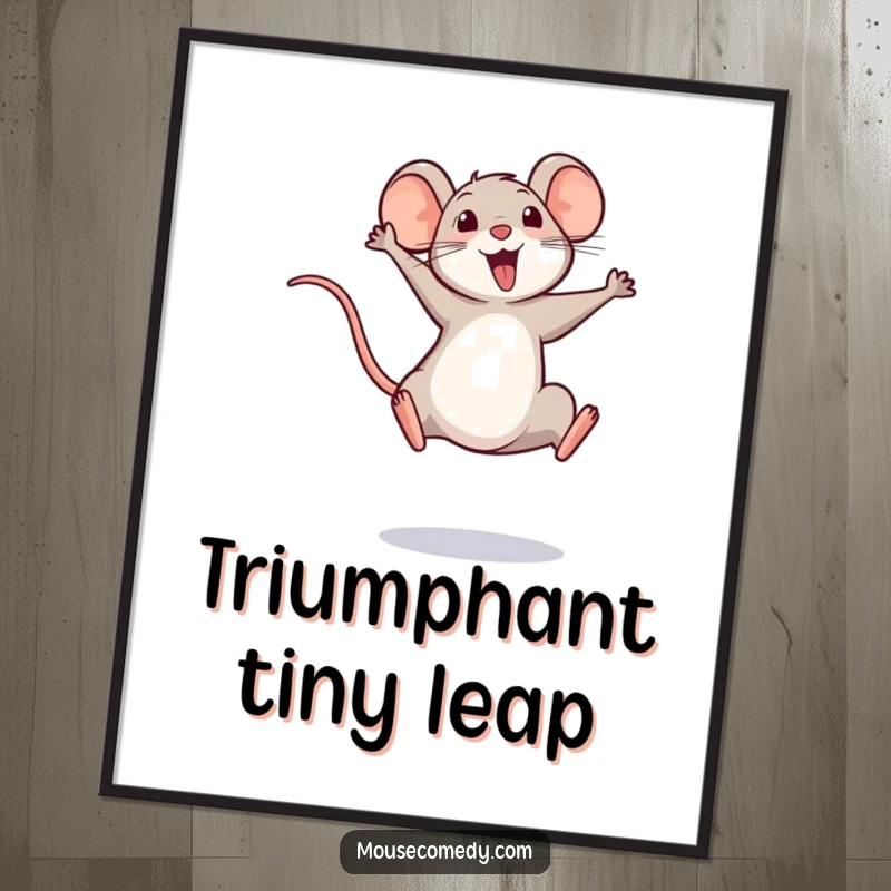 Funny, printable digital art of a happy mouse mid-air, tail high in a triumphant leap, symbolizing success and joy.