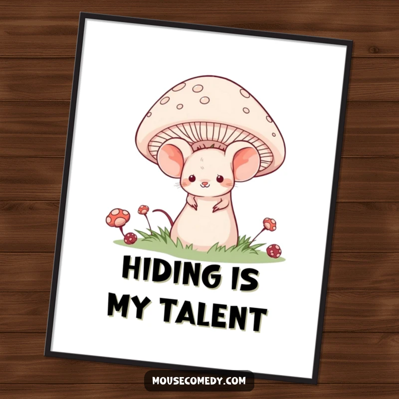 Funny digital art print of a shy mouse with a gentle smile, hiding behind a giant mushroom.