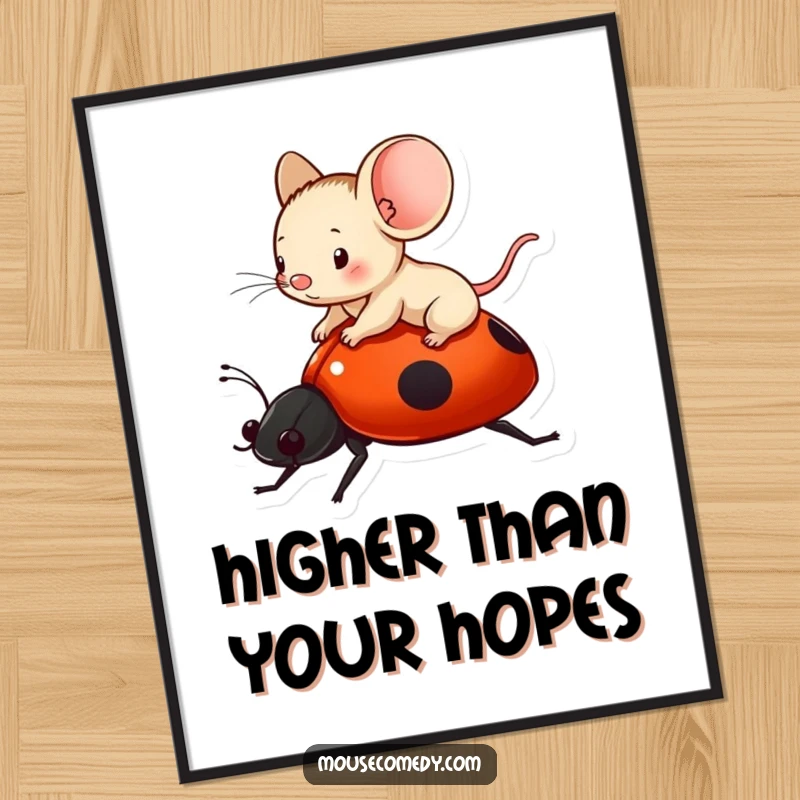 Funny tiny mouse enjoying a ride on a ladybug, available as a high-resolution digital art print.