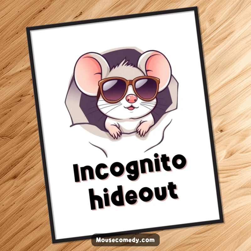 Funny kawaii mouse wearing sunglasses, peeking from a hole, in cool digital art. Wonderful funny gift.