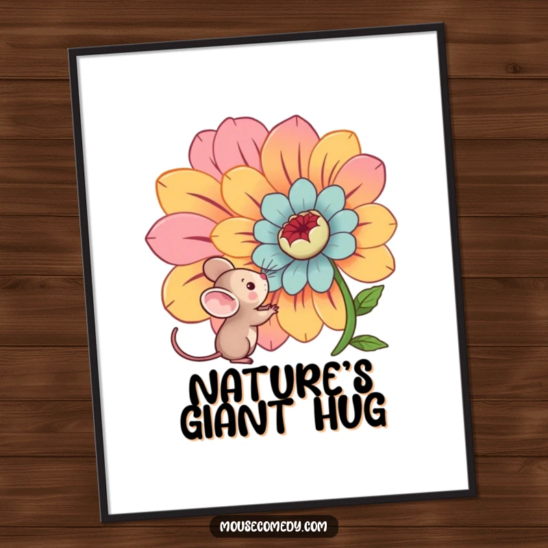 Funny kawaii mouse peeking at a huge, vibrant flower, capturing a moment of wonder in this downloadable digital art print.