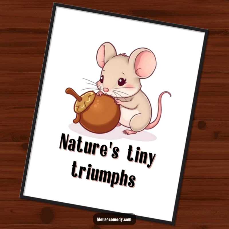 Funny digital art of a mouse energetically pushing a rolling acorn with its nose, creating a charming and playful scene.