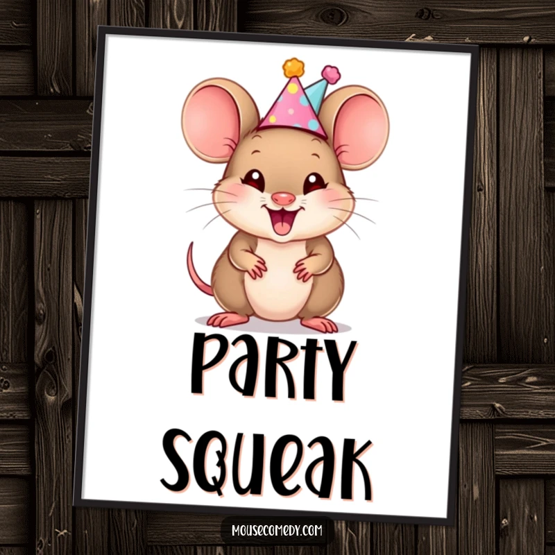 Funny Mouse Cub Digital Art Print: A vibrant print of a mouse cub wearing a party hat, captured squeaking with immense, contagious excitement.
