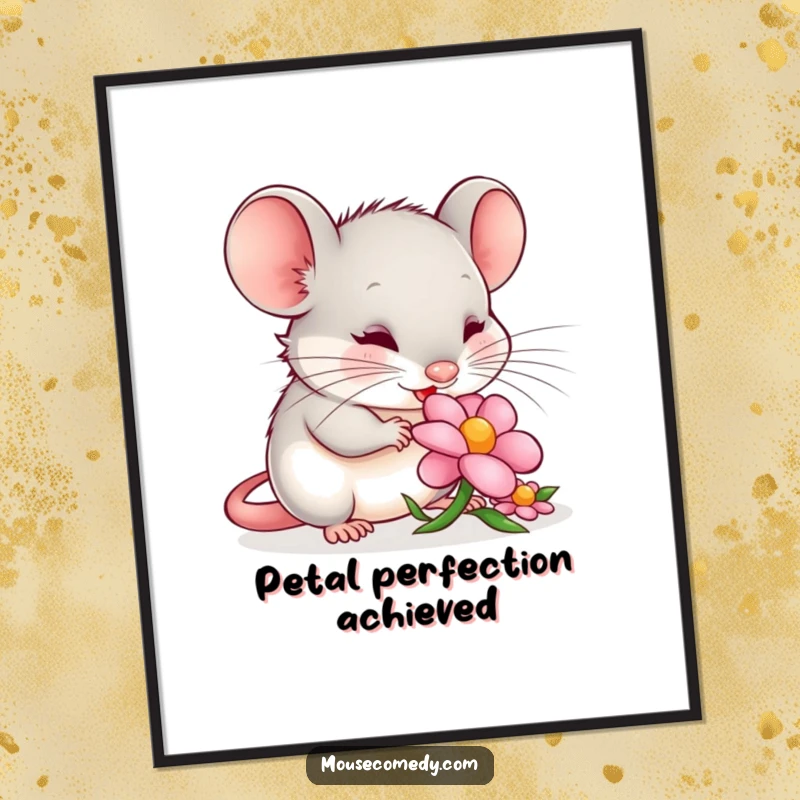Funny mouse digital art print of a content mouse happily nibbling a colorful flower petal, evoking peace, calm, and simple beauty.