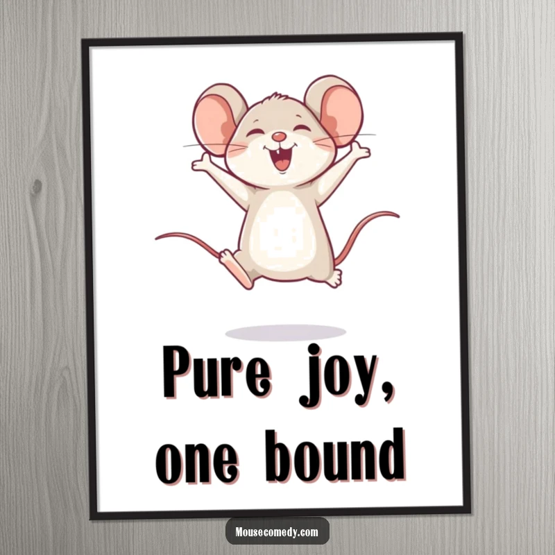 Funny digital art print of a happy mouse performing a joyful leap, full of cheer and humor.