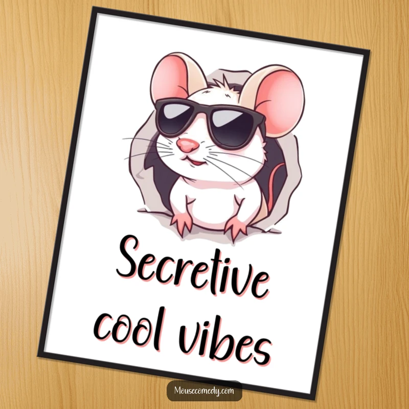 Funny kawaii mouse digital art print, showing a stylish mouse in sunglasses peeking from a tiny hole, full of cool, funny vibes.