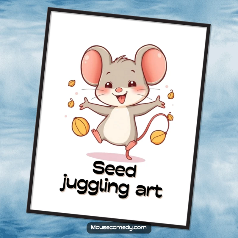 Funny Happy Mouse Digital Art Print: A lively digital artwork of a mouse character triumphantly juggling seeds with an expression of sheer, funny glee.