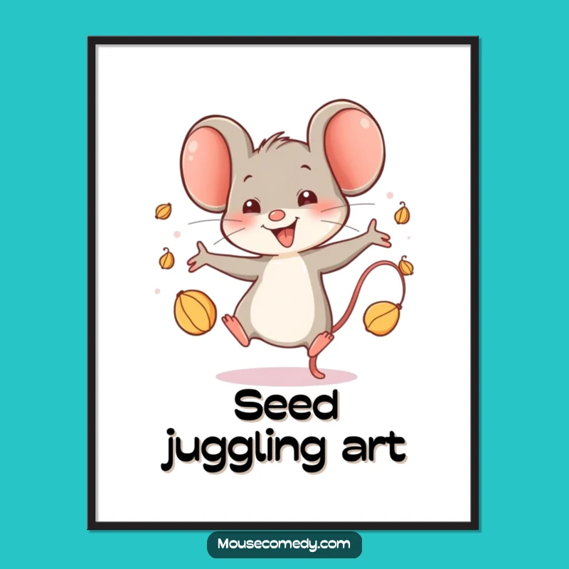 Funny Happy Mouse Digital Art: Glee-Filled Seed Juggling Print, Unique Funny Gift