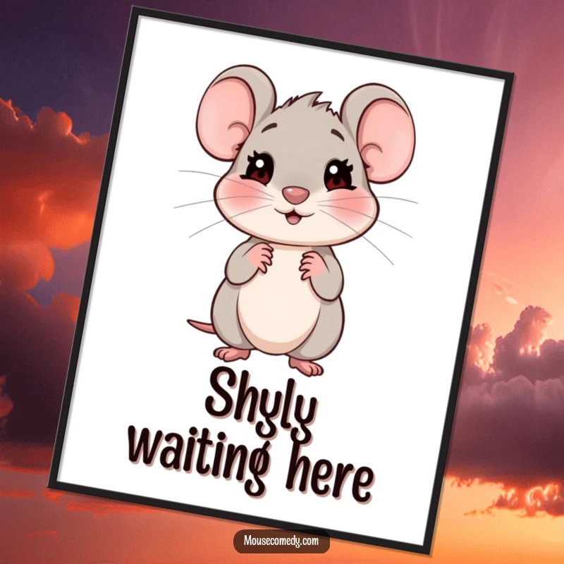 Funny digital art print of a small, shy mouse with hopeful eyes looking expectantly, conveying gentle humor.