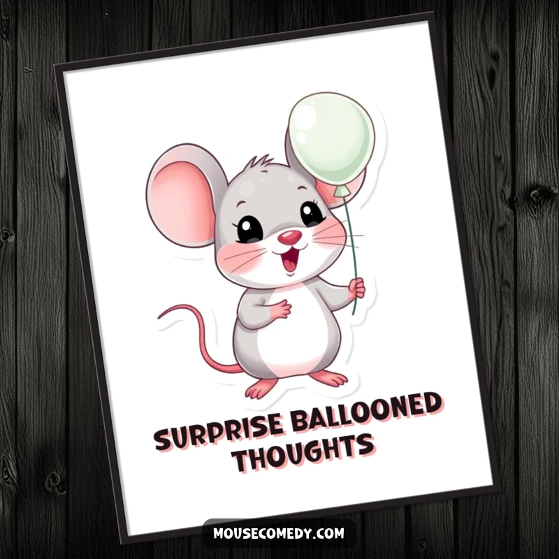 Funny kawaii mouse with exaggerated surprise, holding a tiny balloon, in charming art. Wonderful funny gift.