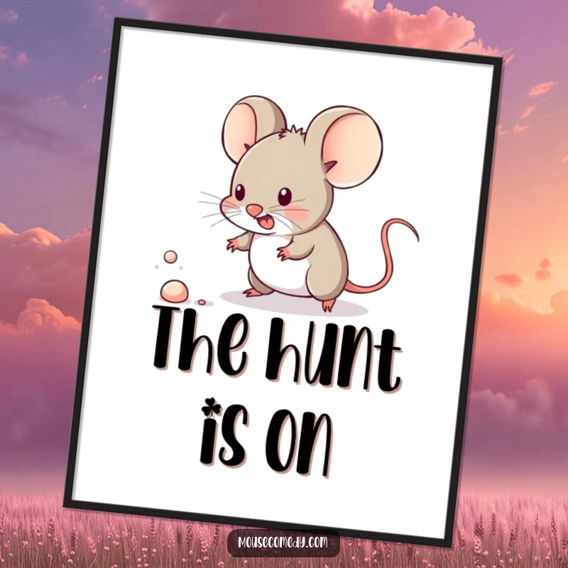 Funny kawaii mouse heroically pursuing a tiny dust speck, designed as a printable digital art file.