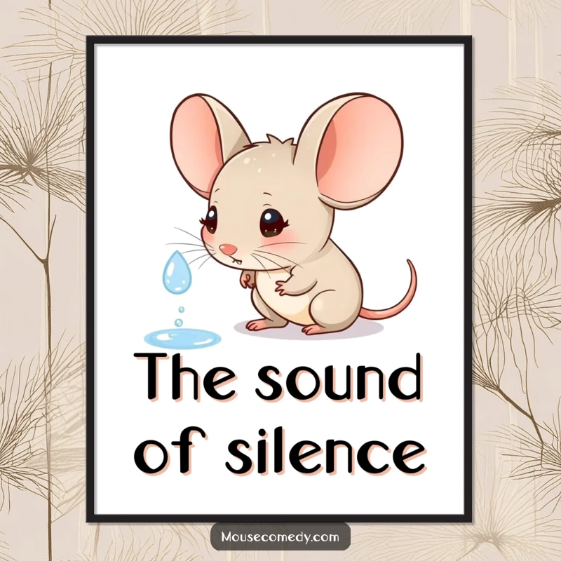 Funny digital art print of a little mouse with enormous ears, curiously observing a single falling raindrop with quiet fascination.